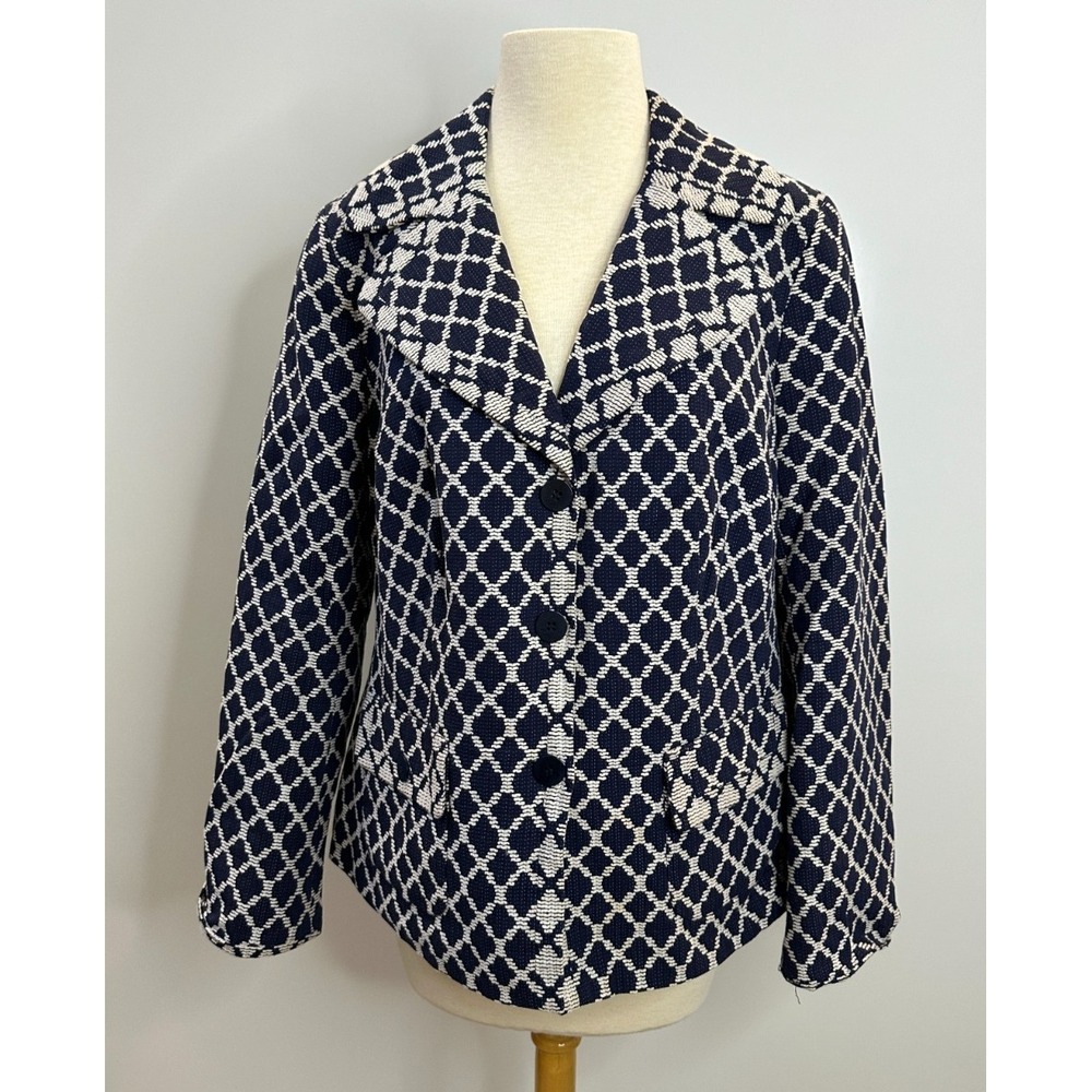 Talbots Diamond Lattice Cotton Blazer Jacket Plus Size 14W Navy White Office - Picture 7 of 13